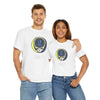 White crew-neck short-sleeve T-shirt with circular Philly logo graphic
