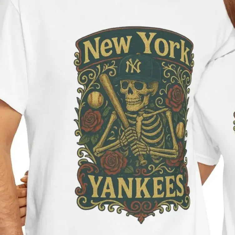 White short-sleeve T-shirt with green/gold New York Yankees skeleton graphic front