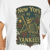 White short-sleeve T-shirt with green/gold New York Yankees skeleton graphic front