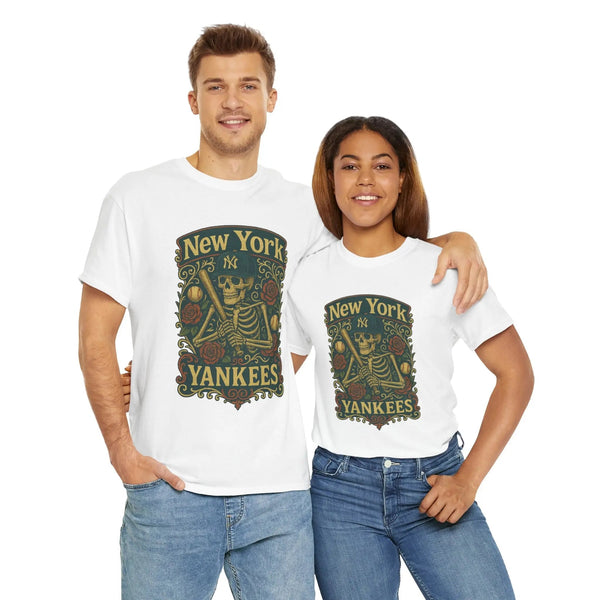 White New York Yankees graphic T-shirt, short sleeves, worn by two models (front view)
