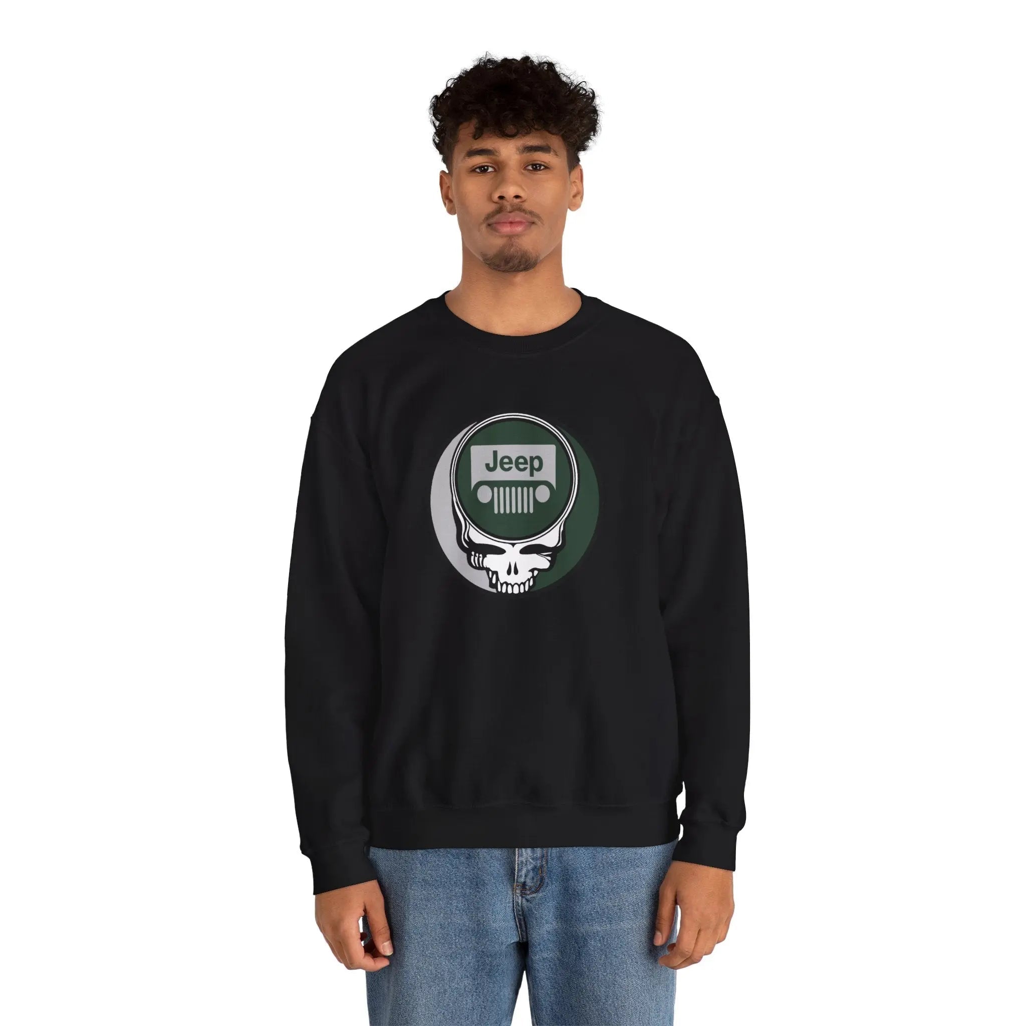 Black crewneck sweatshirt with Jeep logo front graphic