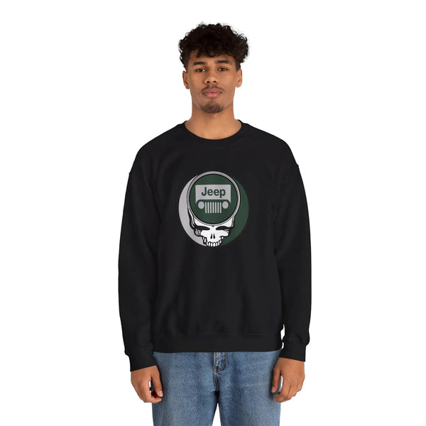 Black crewneck sweatshirt with Jeep logo front graphic