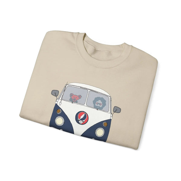 Sand crewneck sweatshirt with blue bus graphic, flat lay