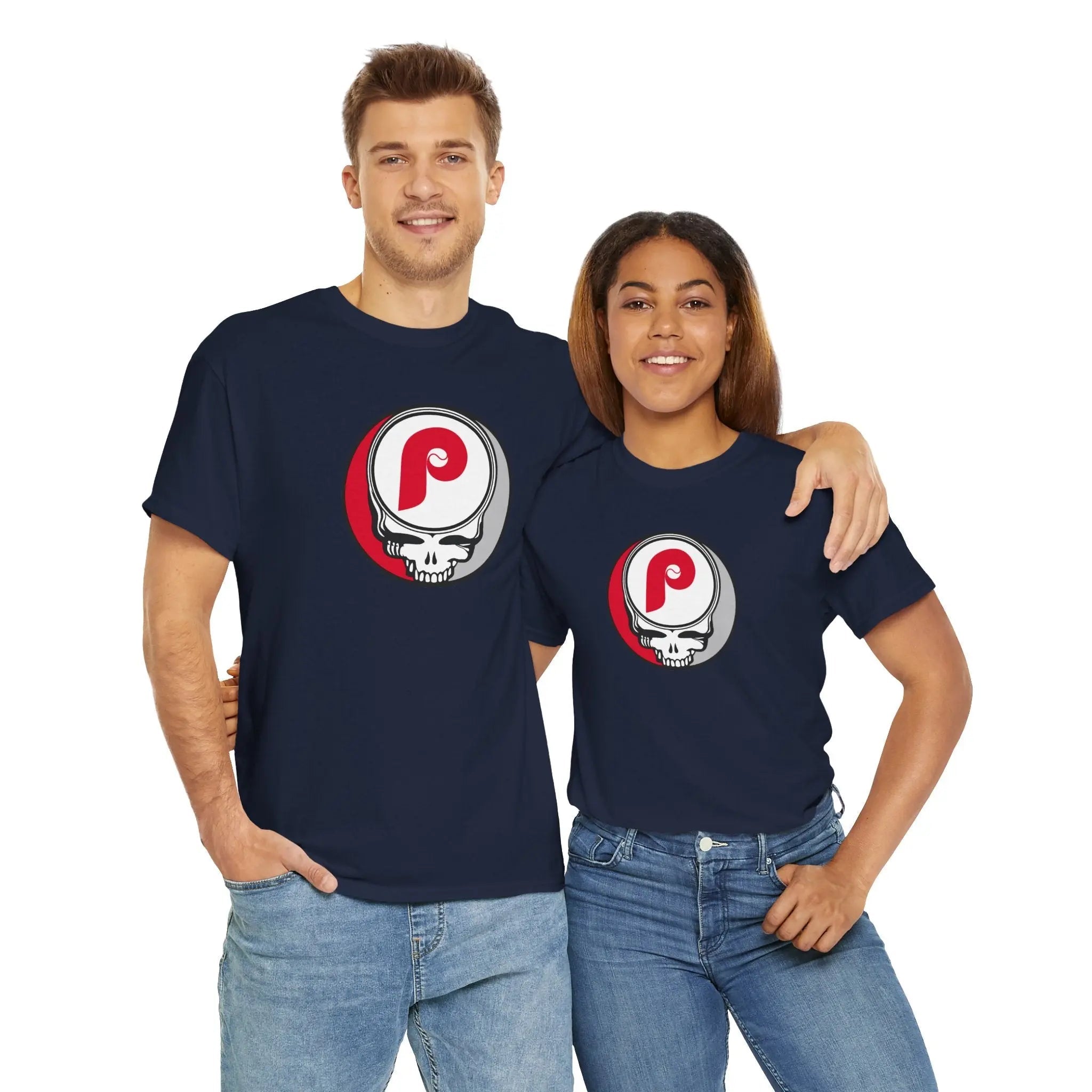 Navy short-sleeve T-shirt with circular P skull team logo