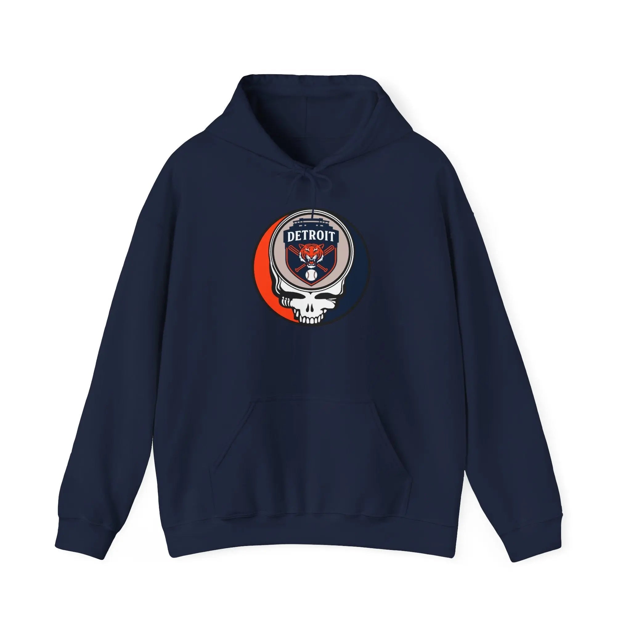Navy pullover hoodie with front Detroit logo patch and kangaroo pocket