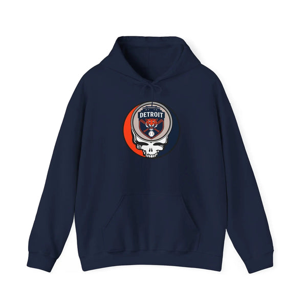 Navy pullover hoodie with front Detroit logo patch and kangaroo pocket