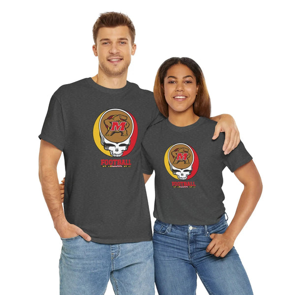 Dark gray football t-shirt with circular M helmet logo graphic and 'FOOTBALL' text