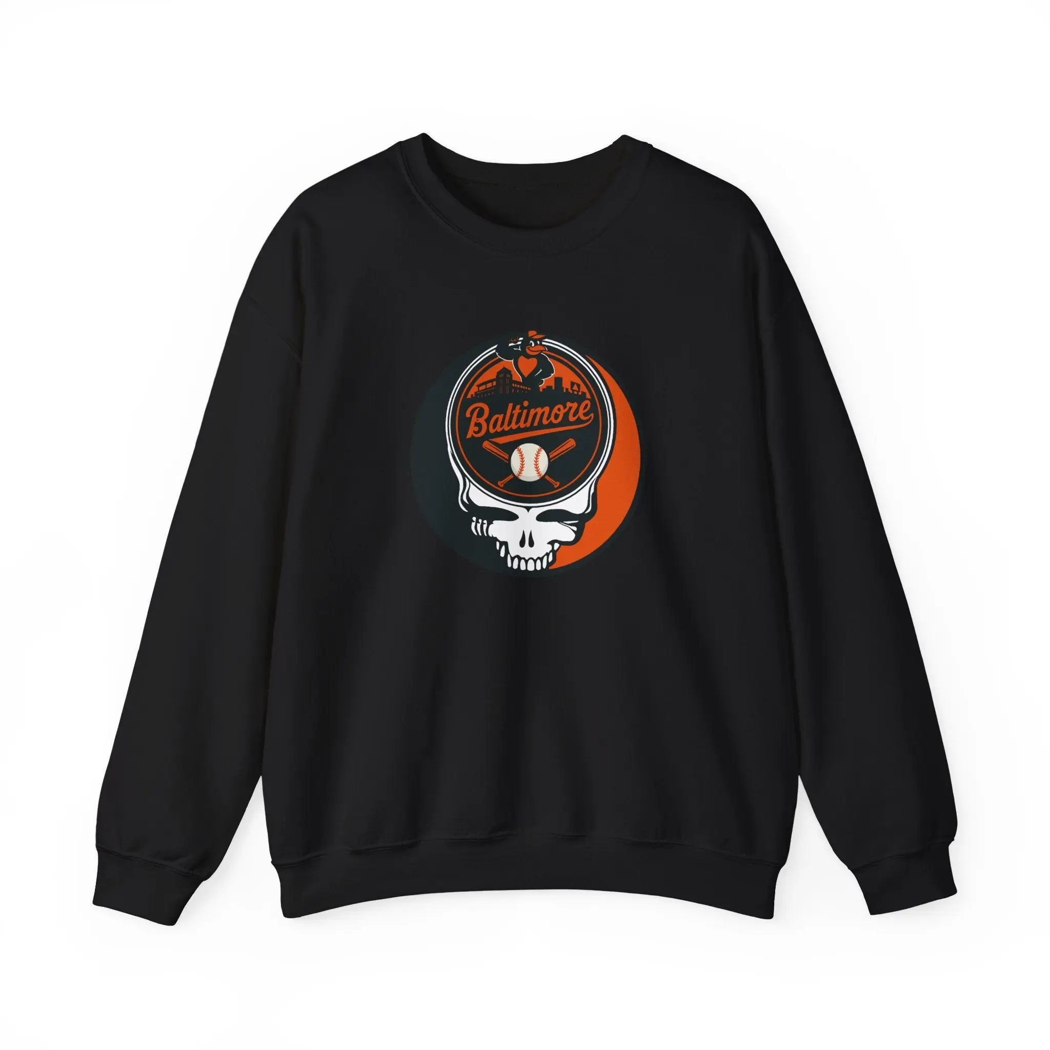 Baltimore Orioles crewneck sweatshirt in black with front skull logo graphic