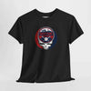 Black crewneck T-shirt with circular Boston logo and skull graphic