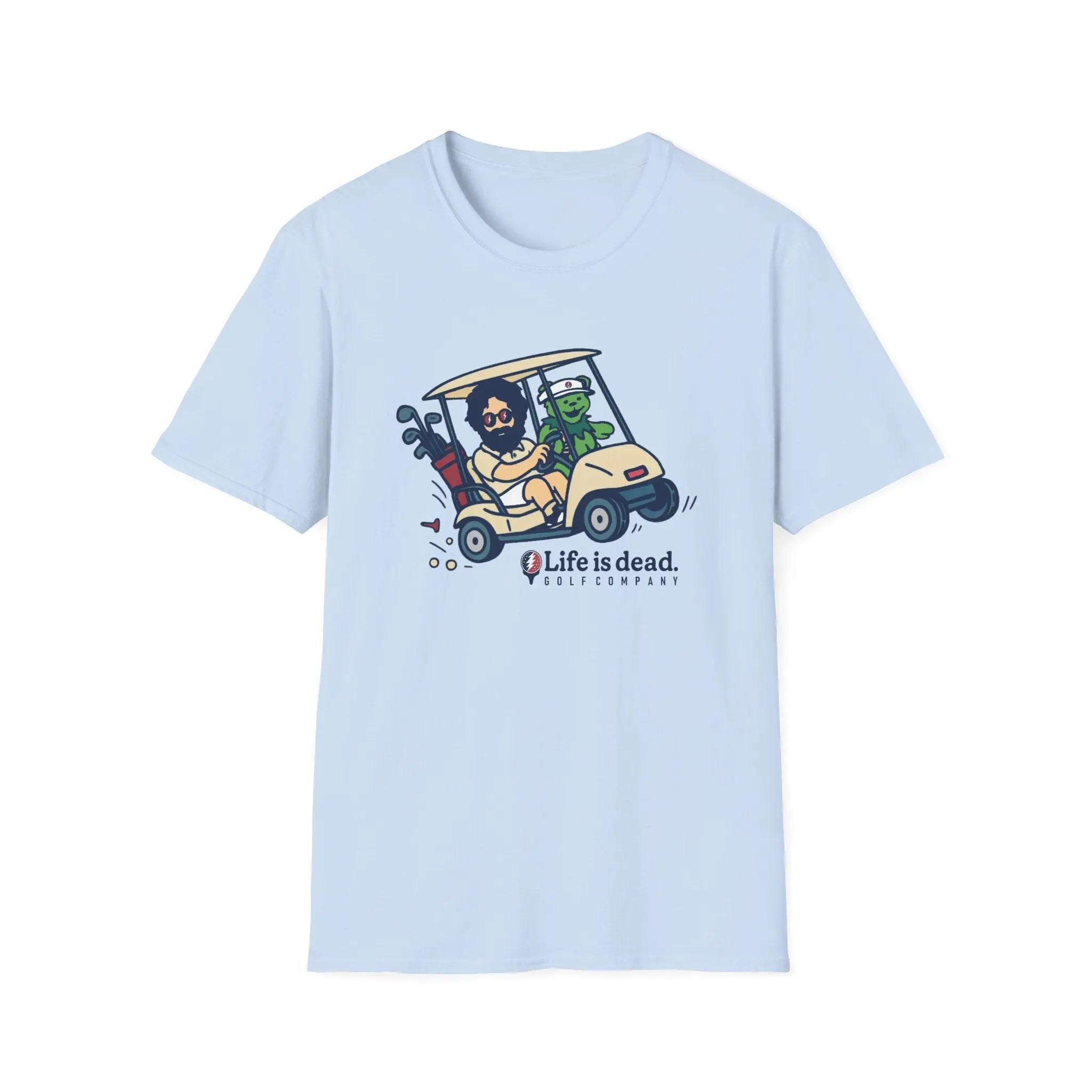 Light blue graphic T-shirt with golf-cart cartoon and “Life is dead” logo on chest