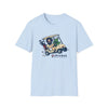 Light blue graphic T-shirt with golf-cart cartoon and “Life is dead” logo on chest