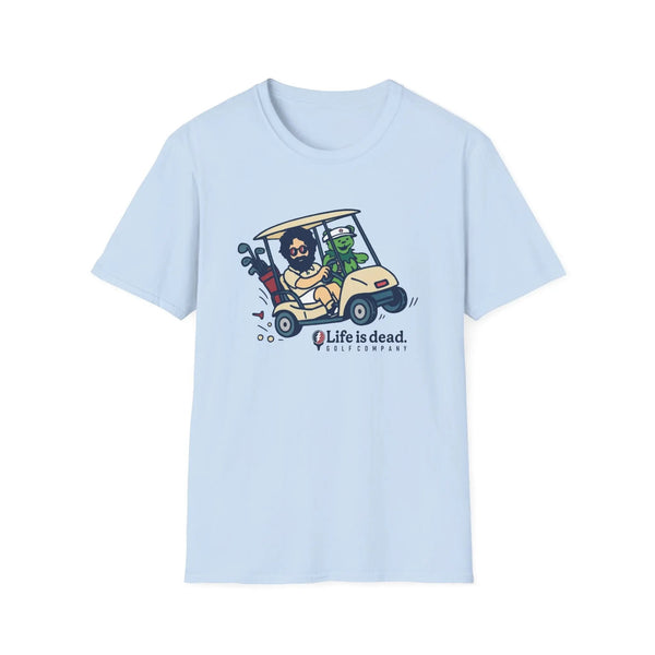 Light blue graphic T-shirt with golf-cart cartoon and “Life is dead” logo on chest