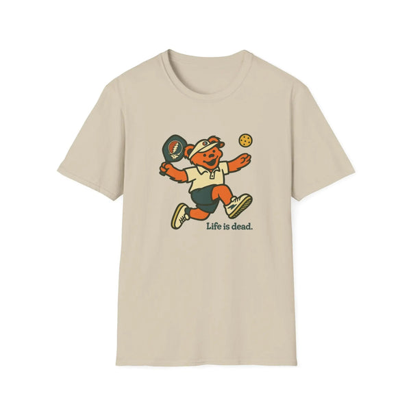 Beige crewneck t-shirt with running bear holding pickleball paddle and 'Life is dead.'