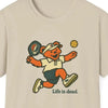 Sand crewneck t-shirt with running bear pickleball graphic and 'Life is dead.'