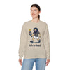 Sand crewneck sweatshirt featuring a cartoon character holding a pickled item