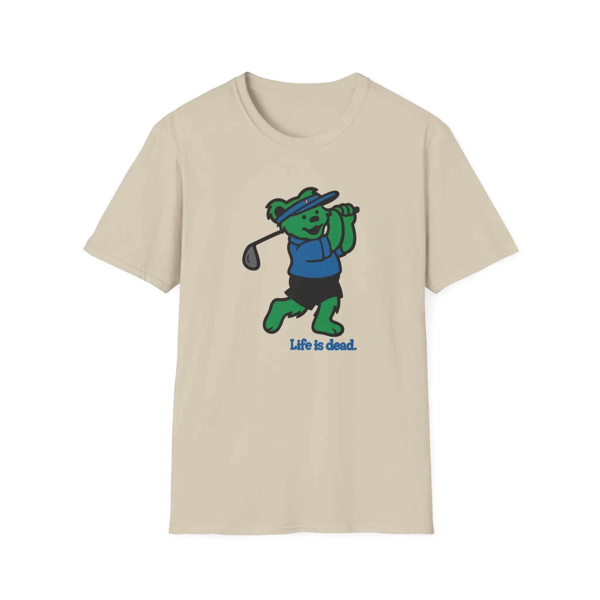 Sand graphic T-shirt, cartoon bear golfing with 'Life is dead.' print