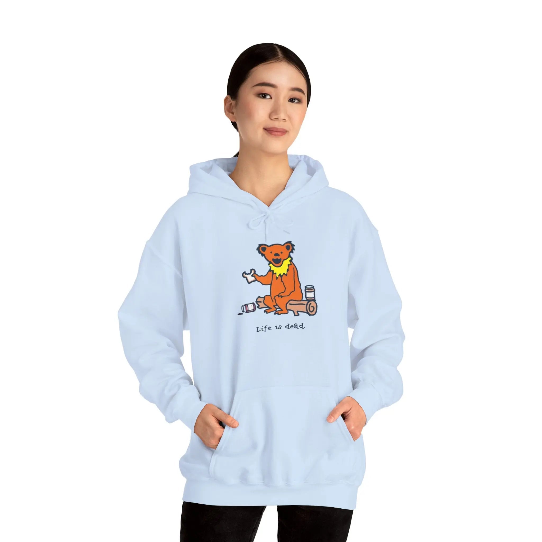 Light blue bear graphic pullover hoodie with front pocket and drawstring hood
