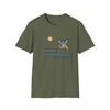 Military green crewneck T-shirt with blue lake scene, cartoon figure, and "Life is dead"