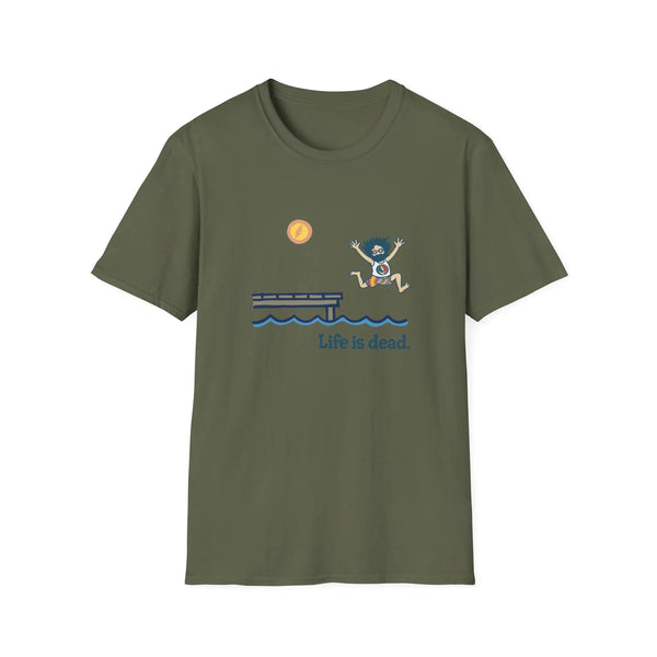 Military green crewneck T-shirt with blue lake scene, cartoon figure, and "Life is dead"