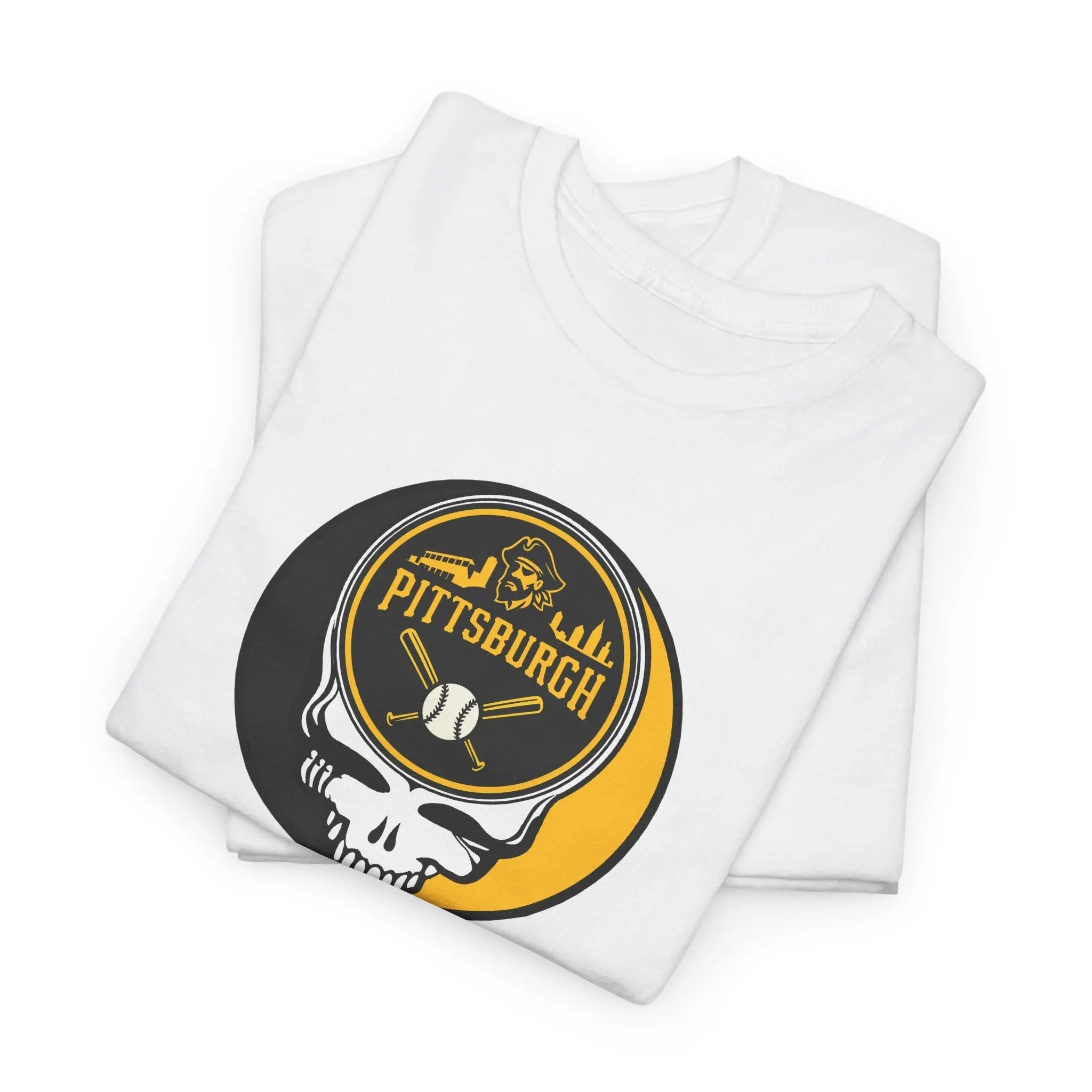 White T-shirt with Pittsburgh logo skull baseball graphic