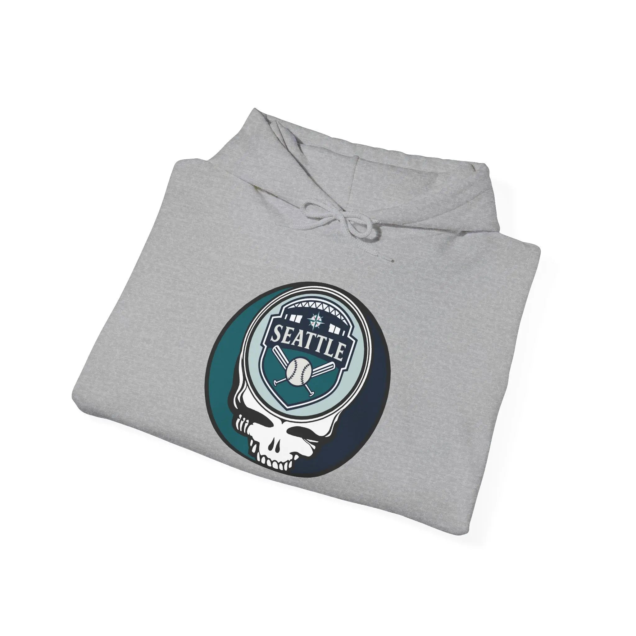 Light gray hooded sweatshirt with Seattle Mariners Stealie graphic on the chest