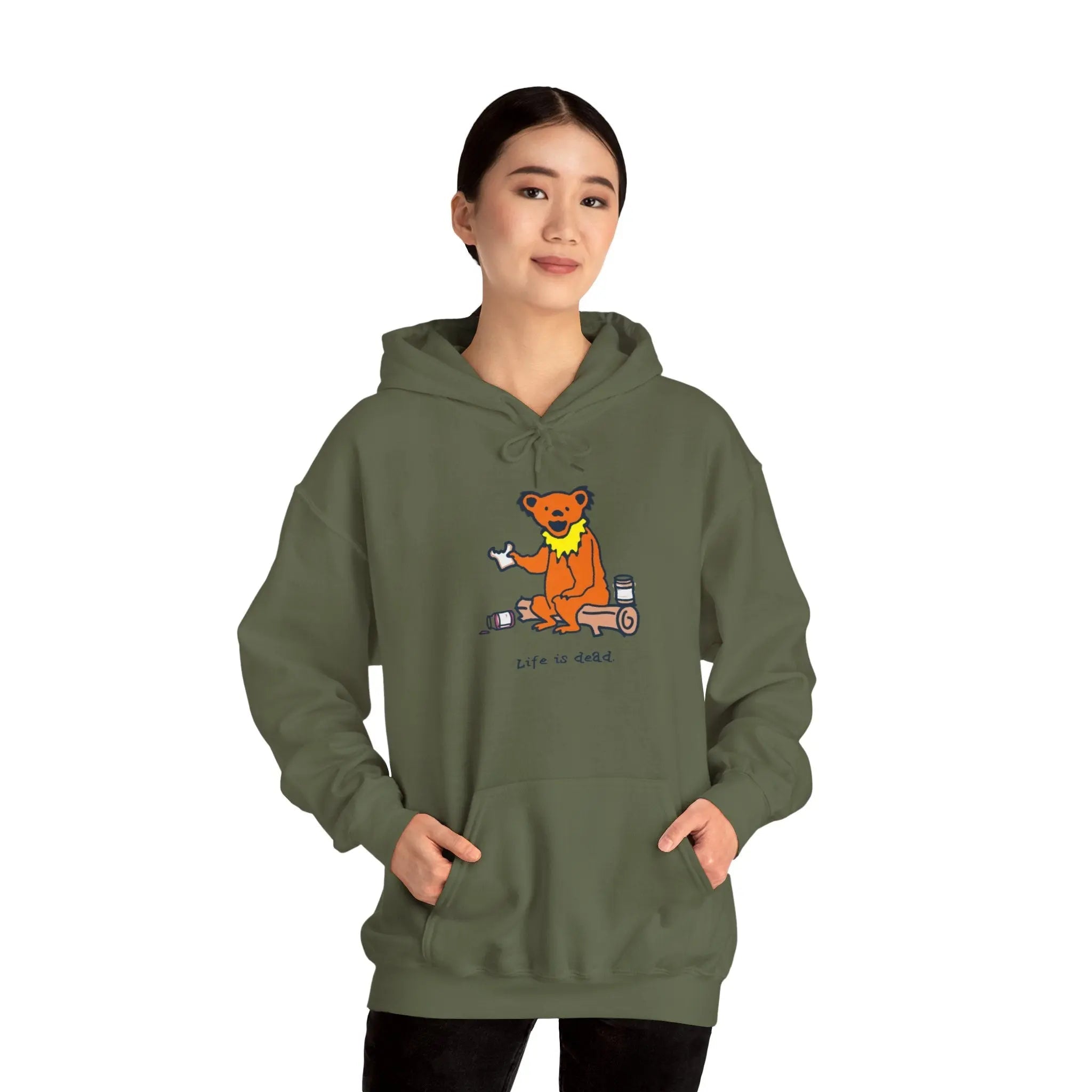 Olive green bear graphic pullover hoodie with front pocket and drawstring hood