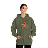 Olive green bear graphic pullover hoodie with front pocket and drawstring hood