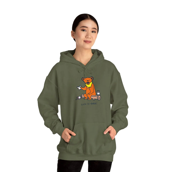 Olive green bear graphic pullover hoodie with front pocket and drawstring hood