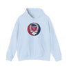 Light blue pullover hoodie with hood, drawstring, front pocket, Twin Cities logo patch