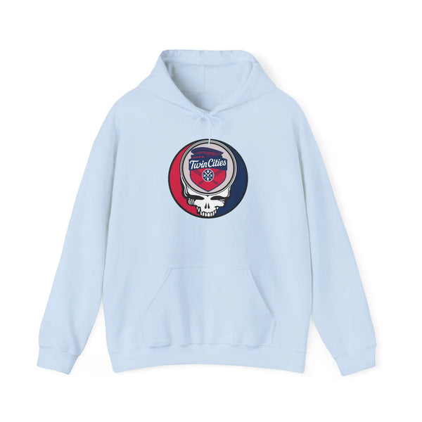 Light blue pullover hoodie with hood, drawstring, front pocket, Twin Cities logo patch