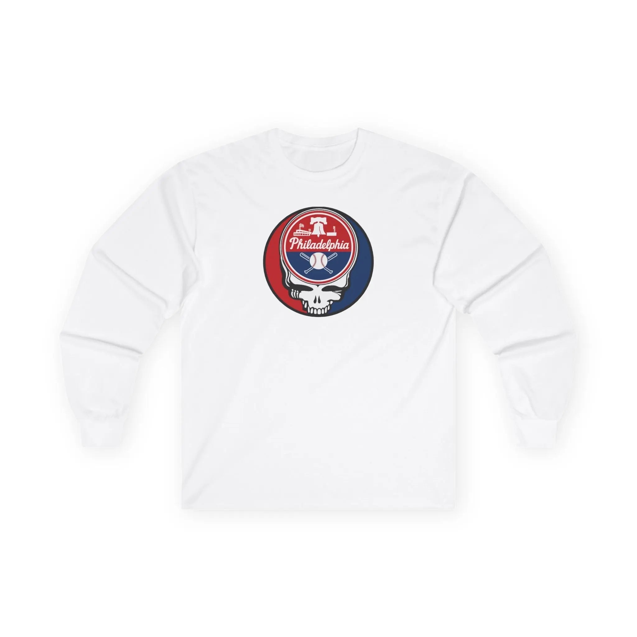 White long sleeve t-shirt with Philadelphia Stealie logo on front chest