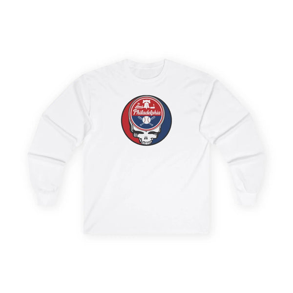 White long sleeve t-shirt with Philadelphia Stealie logo on front chest