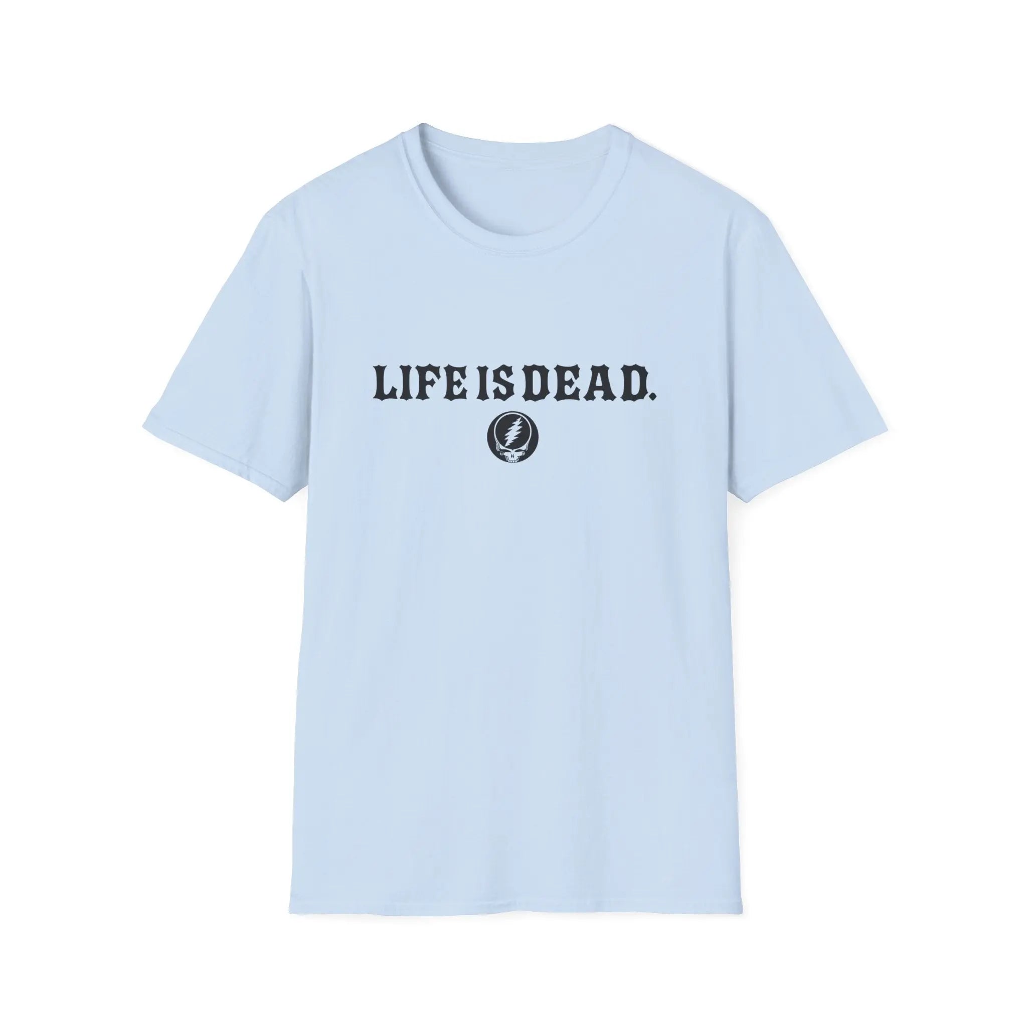 Light blue crewneck t-shirt with LIFEISDEAD text and small circular emblem print