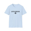 Light blue crewneck t-shirt with LIFEISDEAD text and small circular emblem print