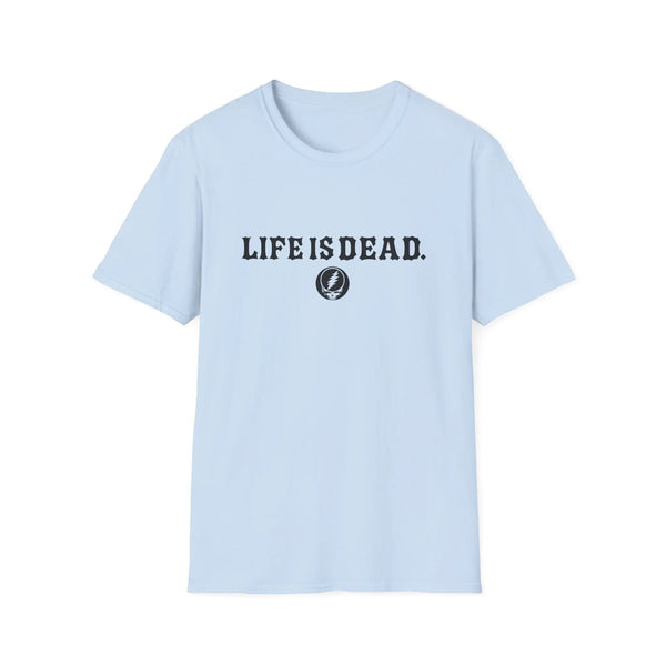 Light blue crewneck t-shirt with LIFEISDEAD text and small circular emblem print