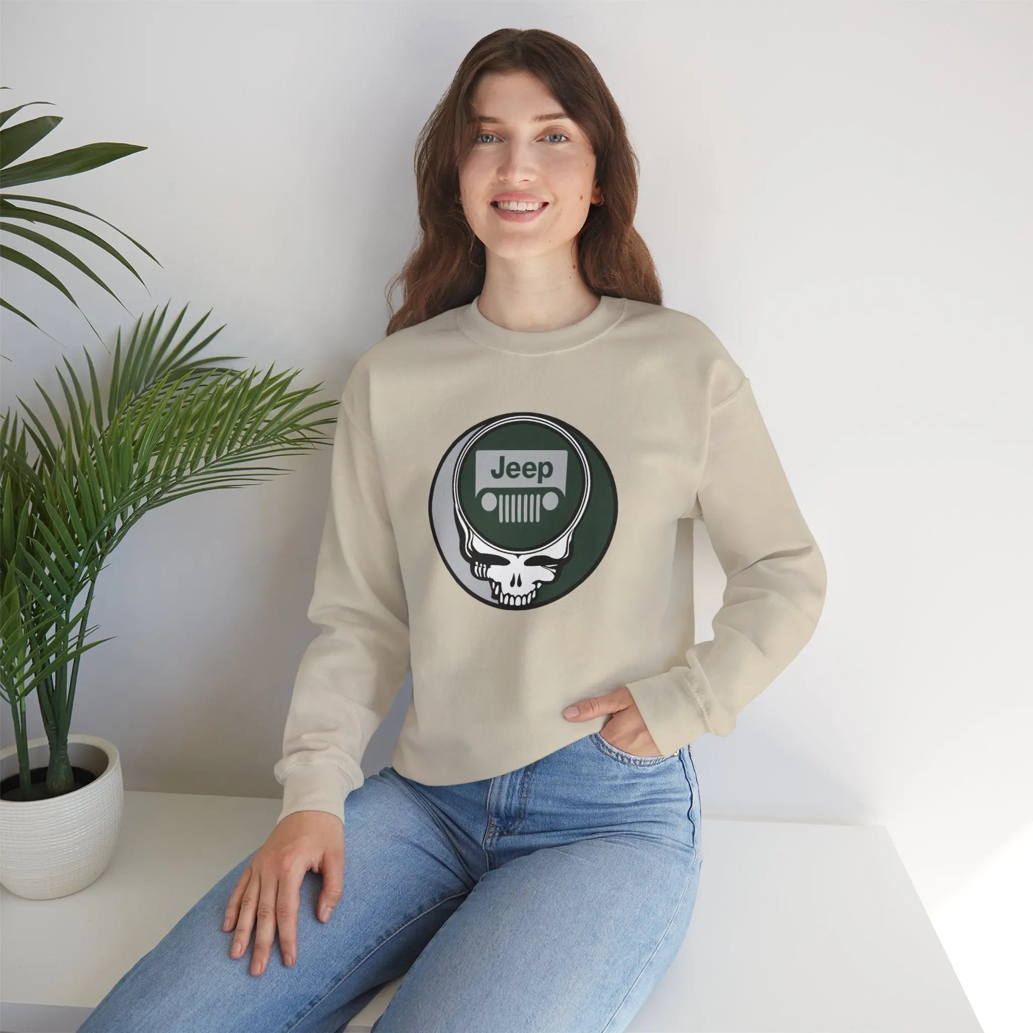 Sand crewneck sweatshirt with Jeep logo front graphic