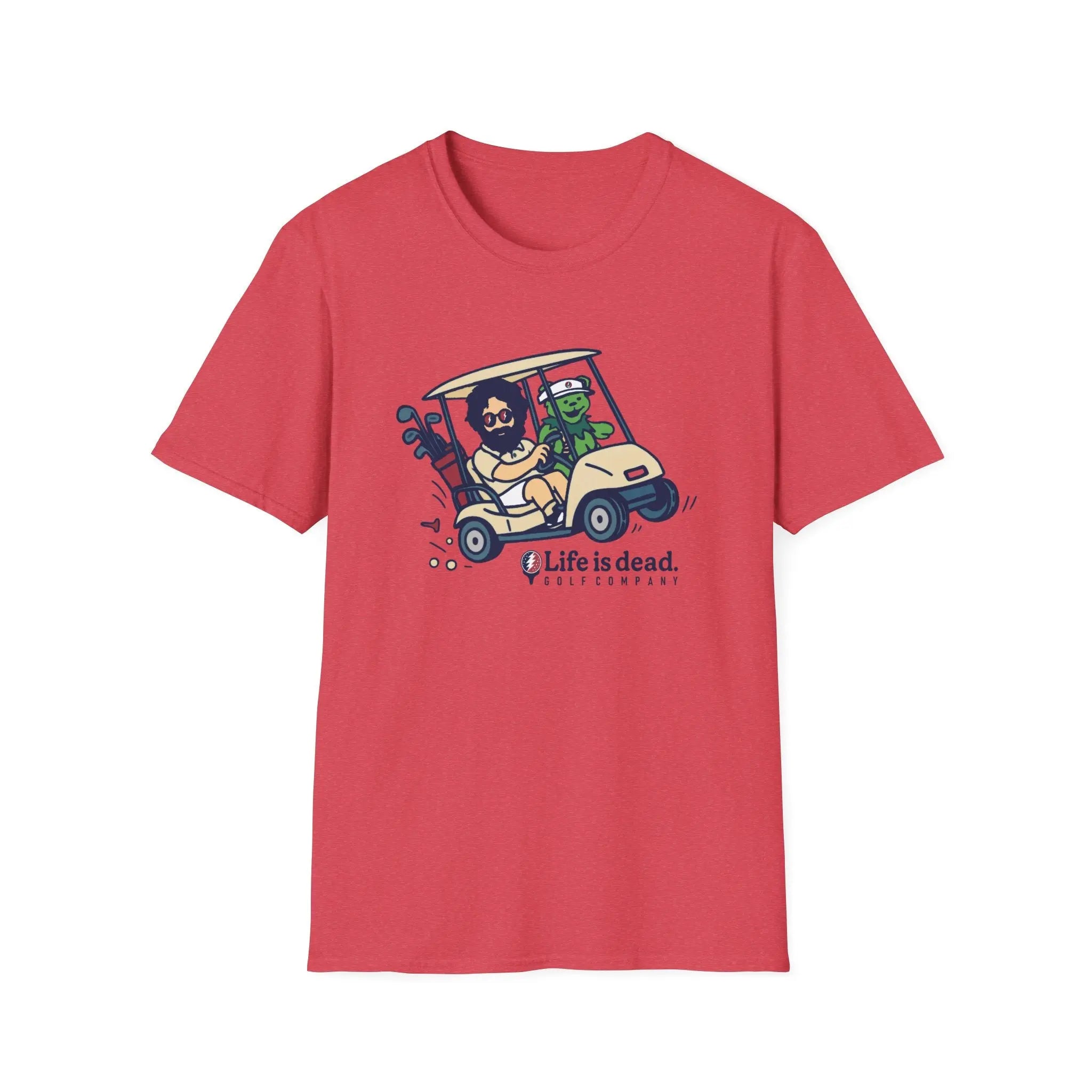 Red graphic T-shirt with colorful cartoon truck and character front print