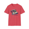 Red graphic T-shirt with colorful cartoon truck and character front print