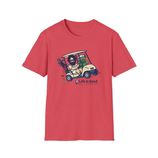 Red graphic T-shirt with colorful cartoon truck and character front print