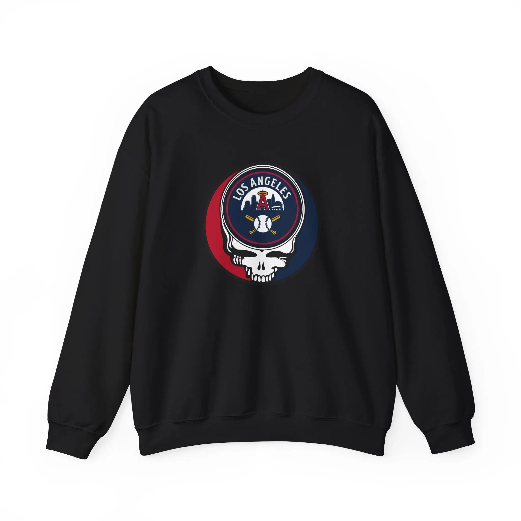 Black crewneck sweatshirt with Los Angeles Angels Stealie logo print on the chest