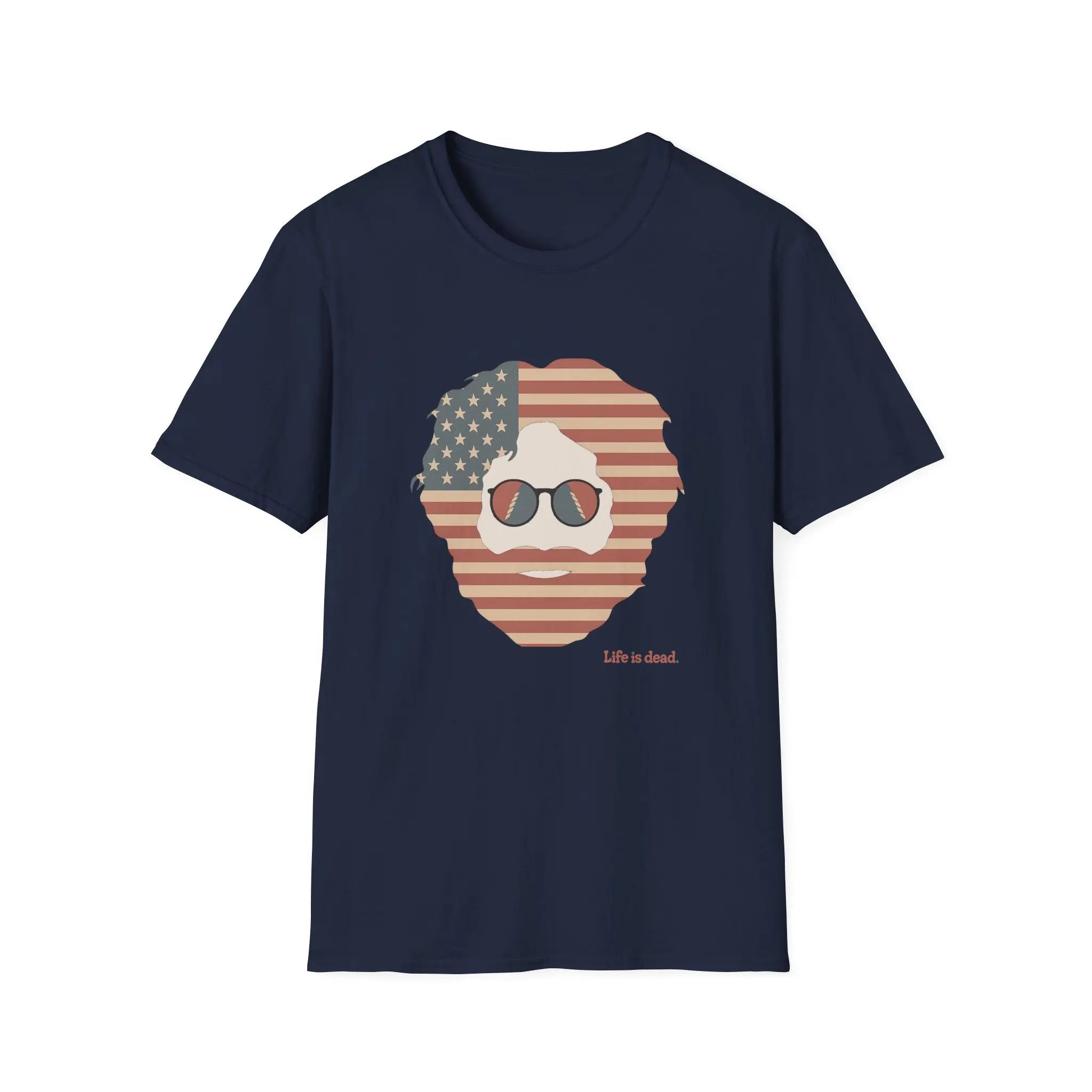 Navy crewneck T-shirt with patriotic bearded skull graphic, 