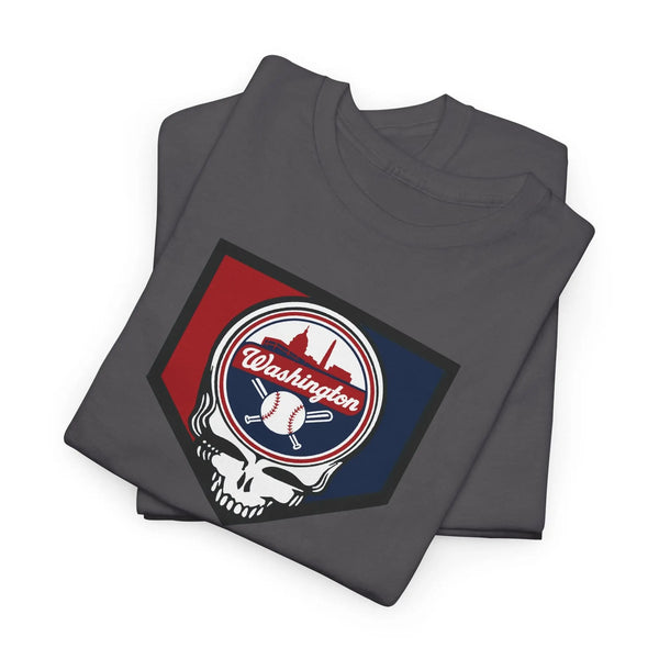 Gray short-sleeve T-shirt with large Washington Nationals logo graphic on chest