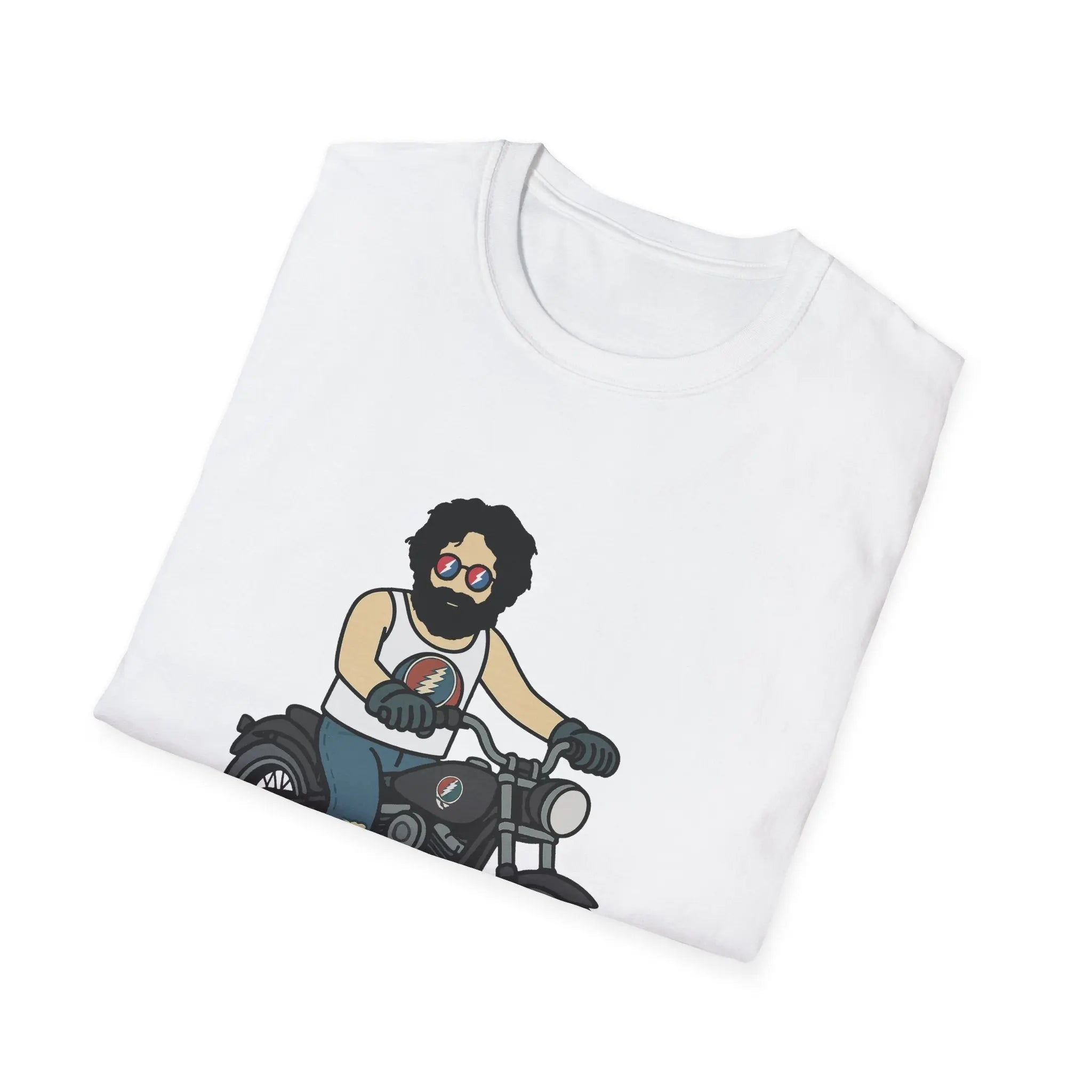 White crew-neck T-shirt with bearded biker on motorcycle graphic at center