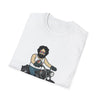 White crew-neck T-shirt with bearded biker on motorcycle graphic at center