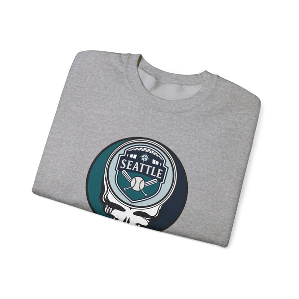 Sport grey crewneck sweatshirt with Seattle Mariners chest crest skull graphic