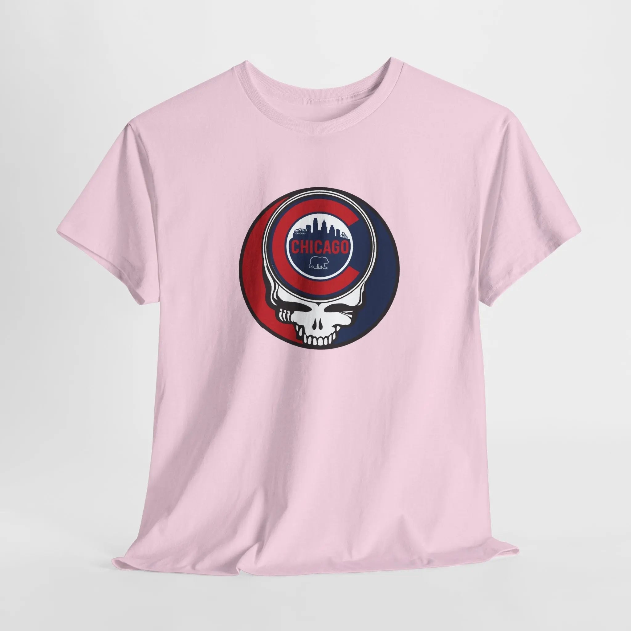 Pink Stealie skull graphic T-shirt with circular Chicago logo on chest