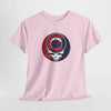 Pink Stealie skull graphic T-shirt with circular Chicago logo on chest