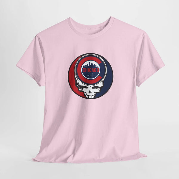 Pink Stealie skull graphic T-shirt with circular Chicago logo on chest