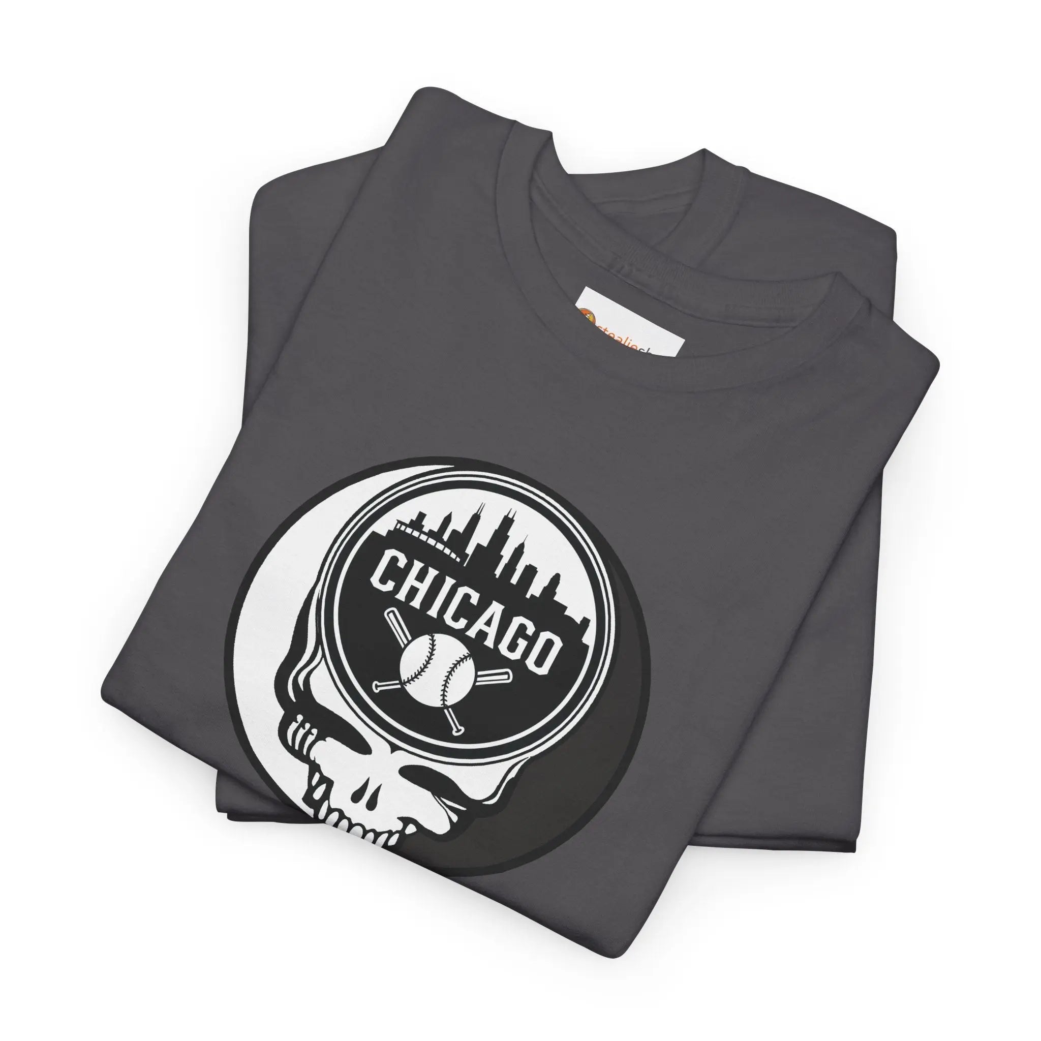 Dark charcoal t-shirt with Chicago circular baseball-and-skull Stealie logo