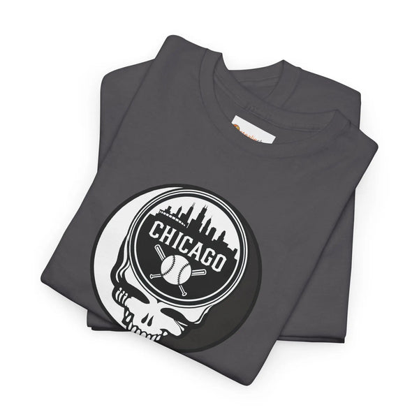 Dark charcoal t-shirt with Chicago circular baseball-and-skull Stealie logo